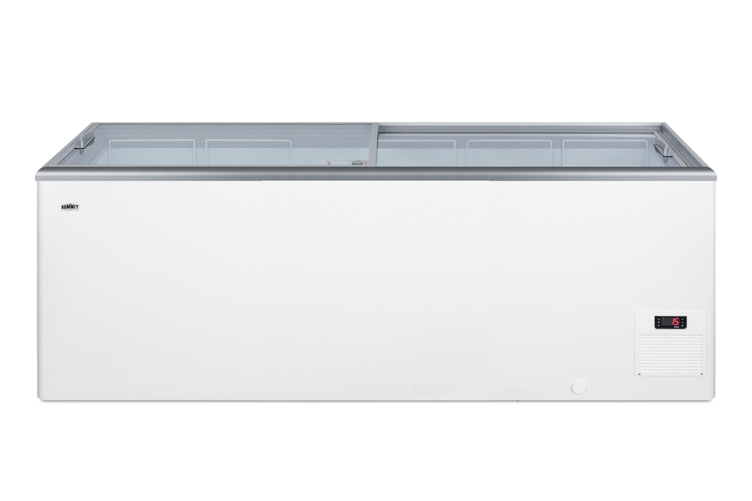 Flat top commercial ice cream freezer with sliding glass lid, digital thermostat, novelty baskets, and 21.3 cu.ft. capacity